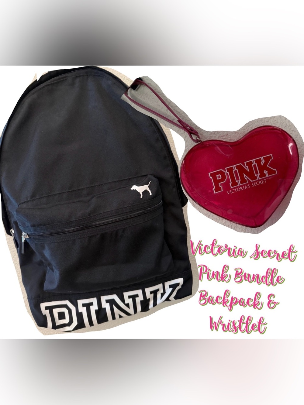 PINK Victoria's Secret Black Backpack & Pink Heart Wristlet Bundle